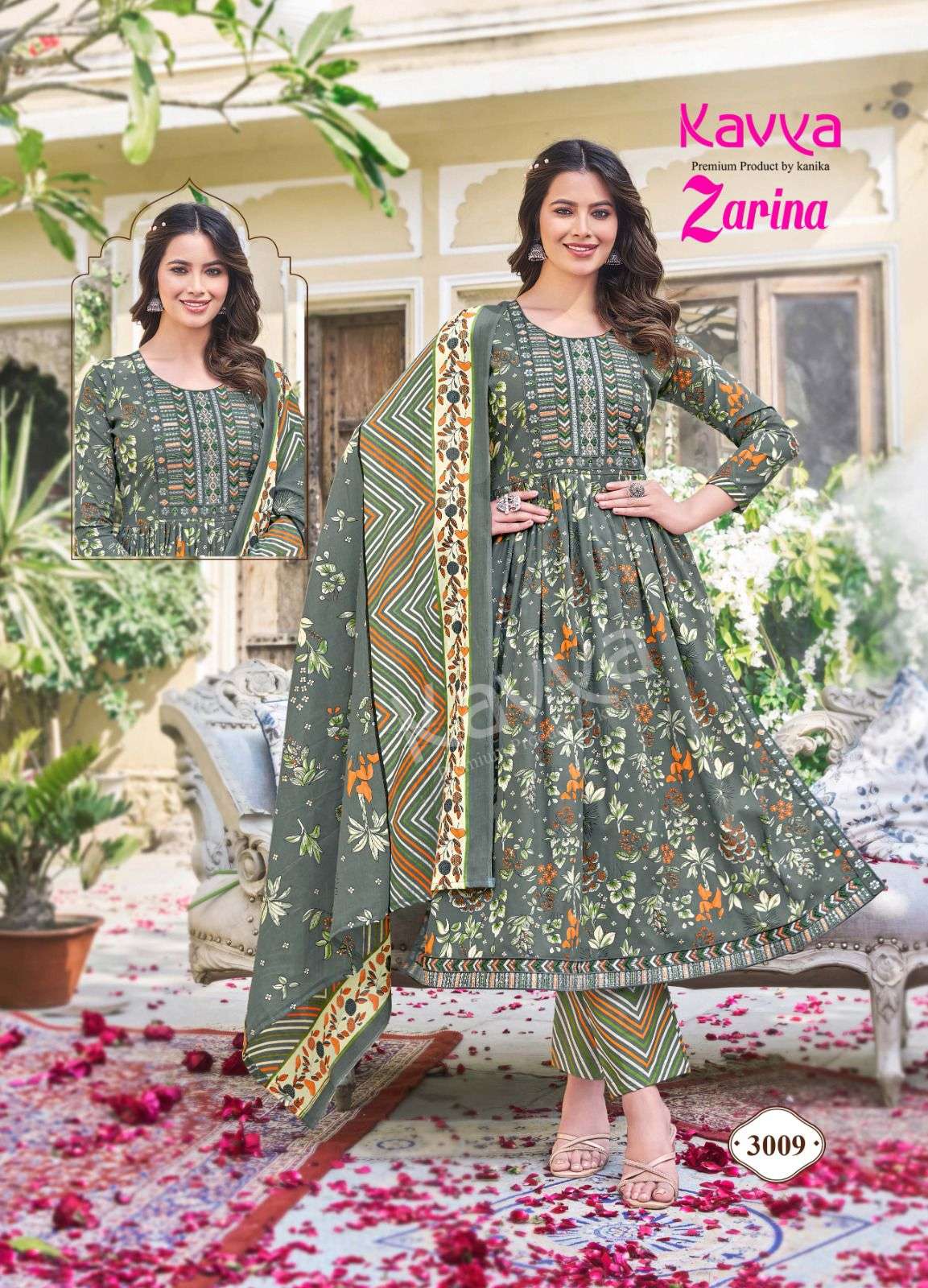 ZARINA VOL 3 MAL COTTON +EMBRODERYWORK KURTI WITH COTTON PANT AND MAL DUPATTA BY KAVYA BRAND 3009